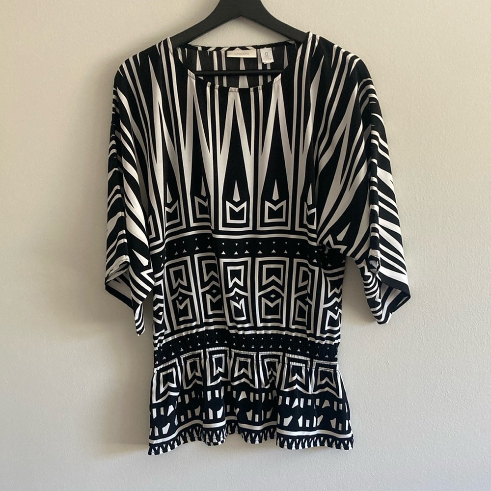 Chico’s Black White Oversized Lagenlook Boho  Elastic Waist Top  Blouse Sz S